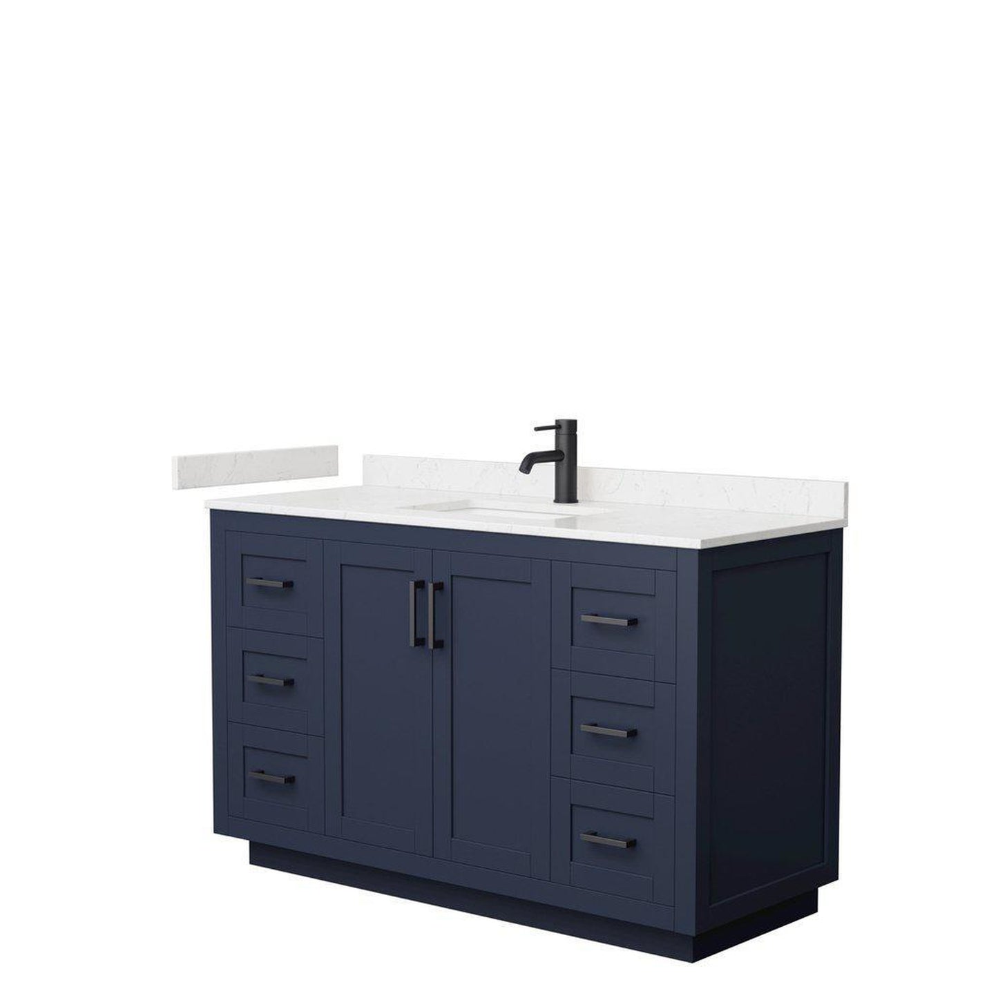 Wyndham Collection Miranda 54" Single Bathroom Dark Blue Vanity Set With Light-Vein Carrara Cultured Marble Countertop, Undermount Square Sink, And Matte Black Trim