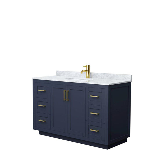 Wyndham Collection Miranda 54" Single Bathroom Dark Blue Vanity Set With White Carrara Marble Countertop, Undermount Square Sink, And Brushed Gold Trim