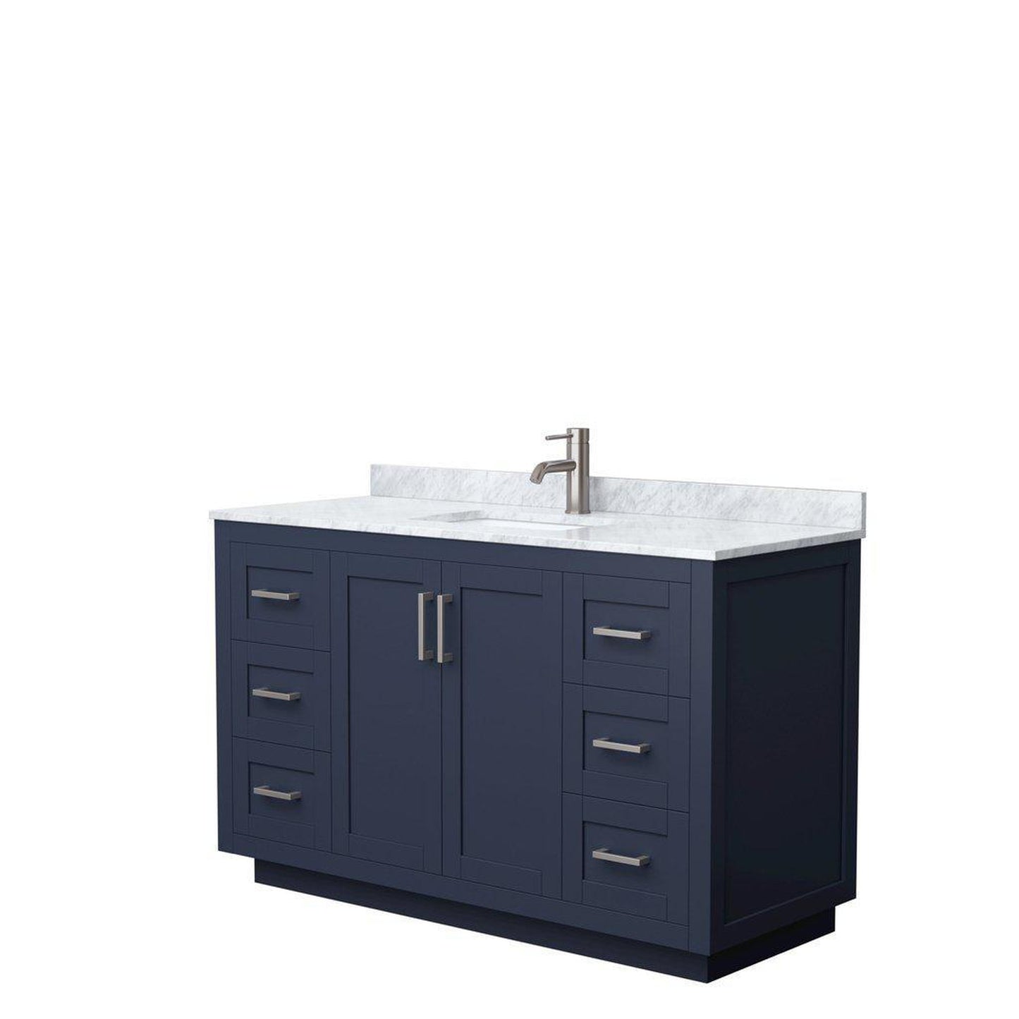 Wyndham Collection Miranda 54" Single Bathroom Dark Blue Vanity Set With White Carrara Marble Countertop, Undermount Square Sink, And Brushed Nickel Trim