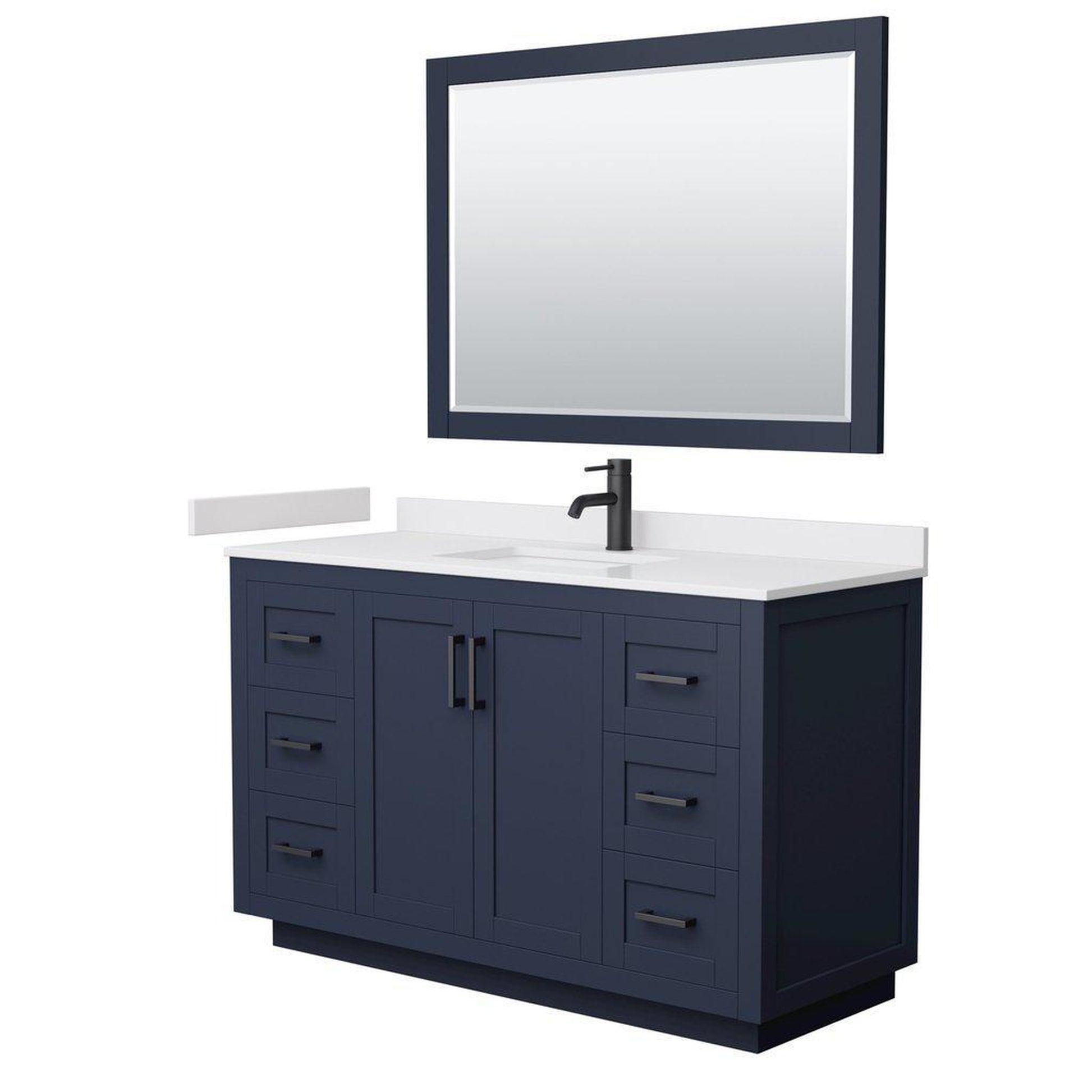 Wyndham Collection Miranda 54" Single Bathroom Dark Blue Vanity Set With White Cultured Marble Countertop, Undermount Square Sink, 46" Mirror And Matte Black Trim