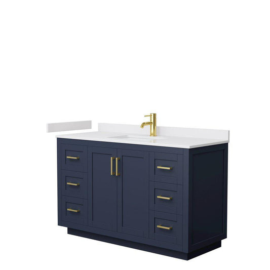 Wyndham Collection Miranda 54" Single Bathroom Dark Blue Vanity Set With White Cultured Marble Countertop, Undermount Square Sink, And Brushed Gold Trim