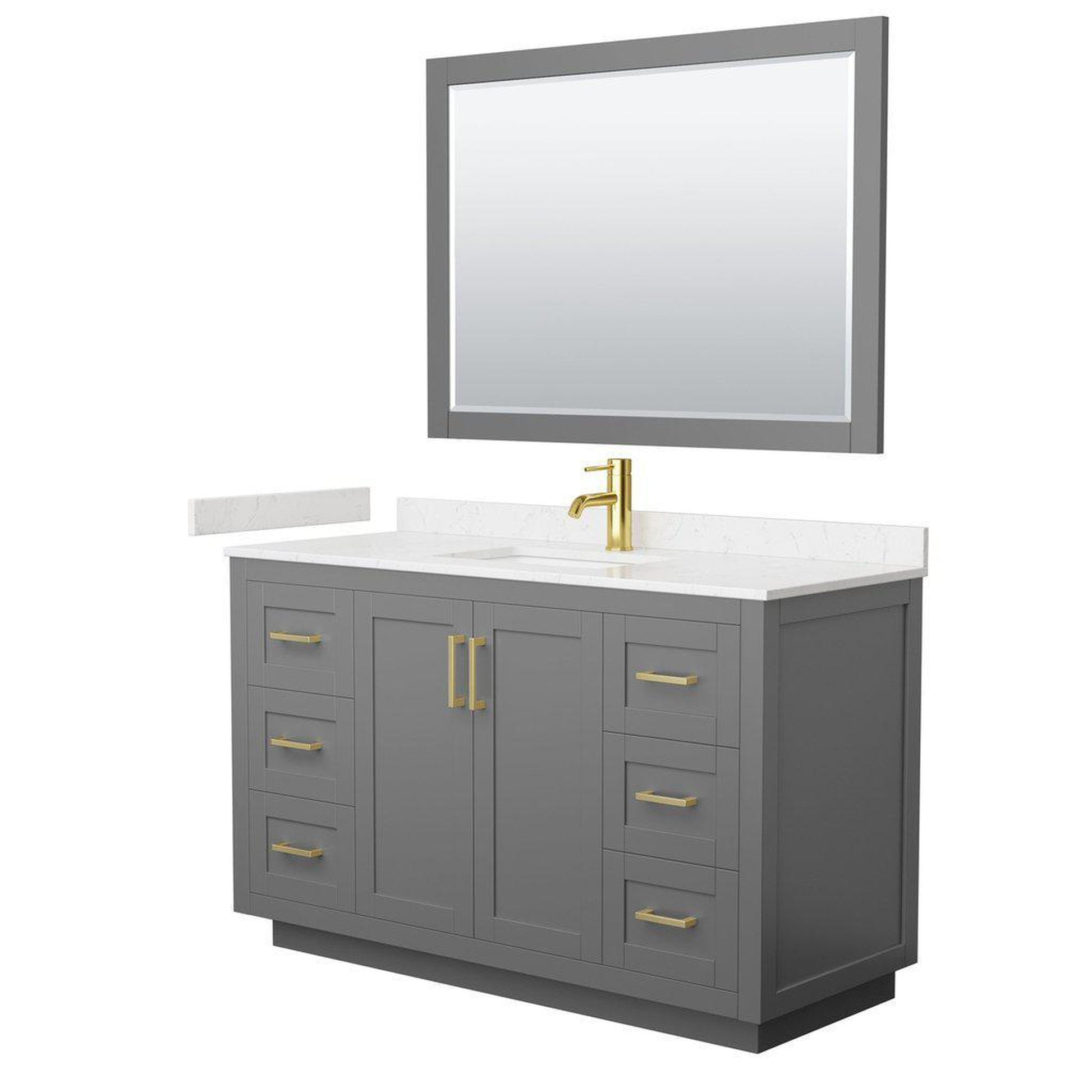 Wyndham Collection Miranda 54" Single Bathroom Dark Gray Vanity Set With Light-Vein Carrara Cultured Marble Countertop, Undermount Square Sink, 46" Mirror And Brushed Gold Trim