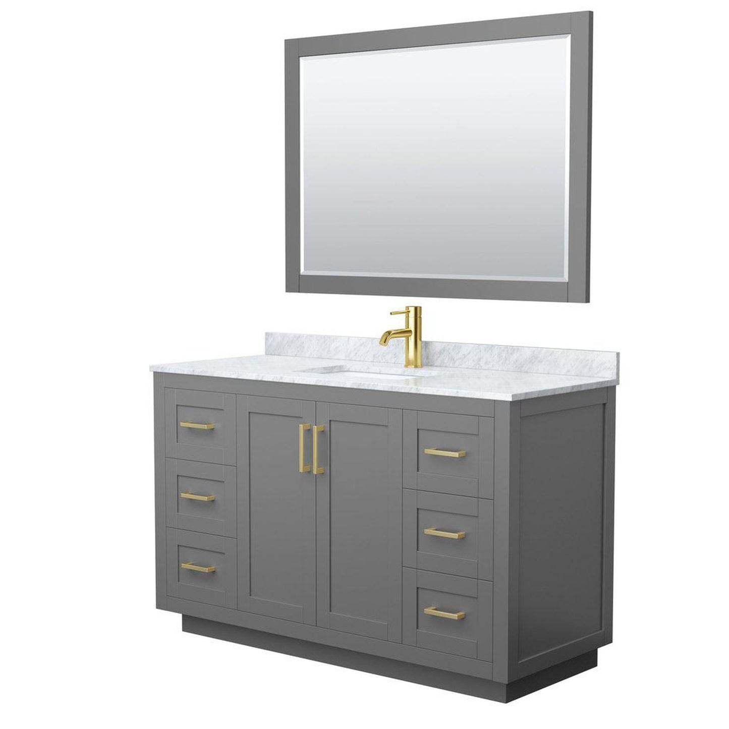 Wyndham Collection Miranda 54" Single Bathroom Dark Gray Vanity Set With White Carrara Marble Countertop, Undermount Square Sink, 46" Mirror And Brushed Gold Trim