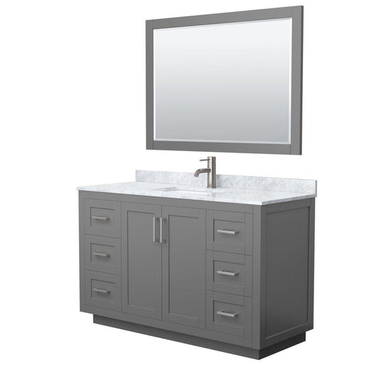 Wyndham Collection Miranda 54" Single Bathroom Dark Gray Vanity Set With White Carrara Marble Countertop, Undermount Square Sink, 46" Mirror And Brushed Nickel Trim