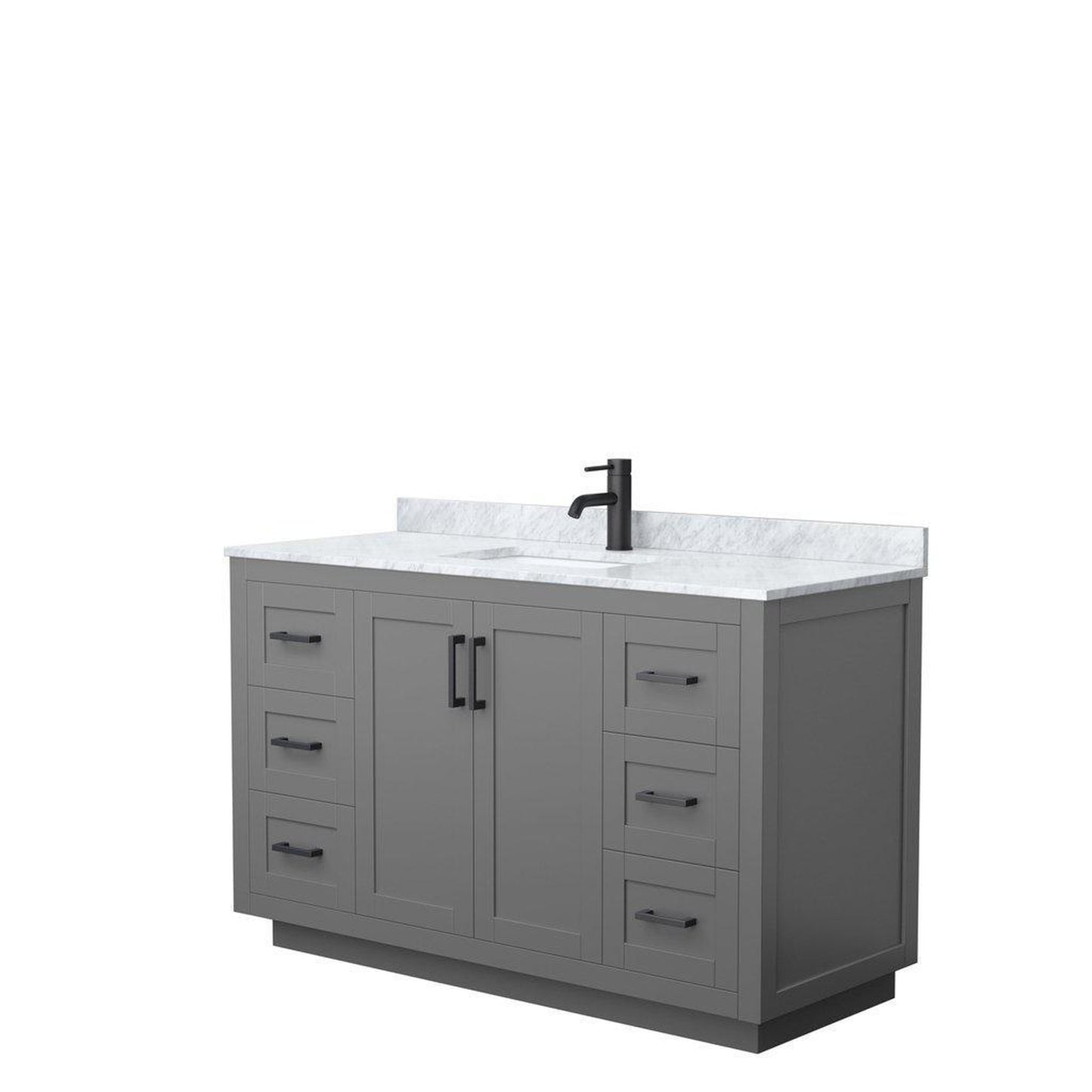 Wyndham Collection Miranda 54" Single Bathroom Dark Gray Vanity Set With White Carrara Marble Countertop, Undermount Square Sink, And Matte Black Trim