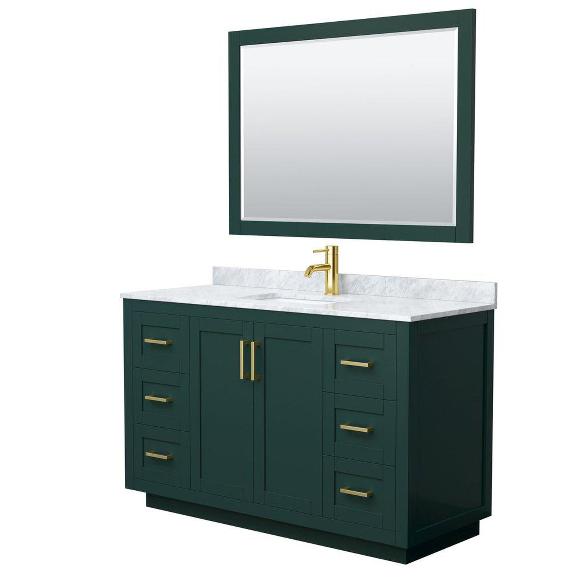Wyndham Collection Miranda 54" Single Bathroom Green Vanity Set With White Carrara Marble Countertop, Undermount Square Sink, 46" Mirror And Brushed Gold Trim