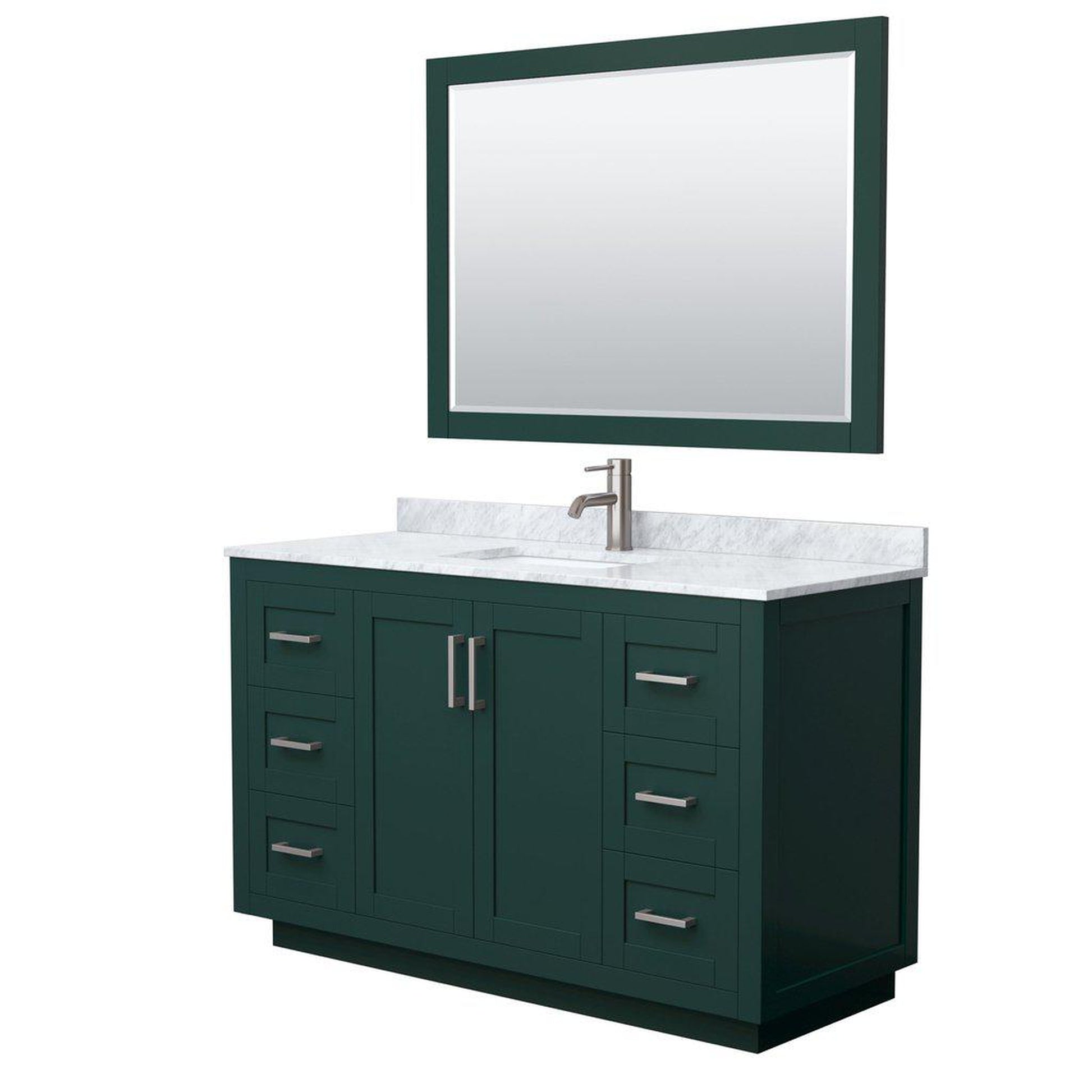 Wyndham Collection Miranda 54" Single Bathroom Green Vanity Set With White Carrara Marble Countertop, Undermount Square Sink, 46" Mirror And Brushed Nickel Trim