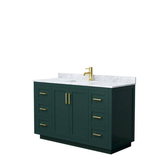 Wyndham Collection Miranda 54" Single Bathroom Green Vanity Set With White Carrara Marble Countertop, Undermount Square Sink, And Brushed Gold Trim