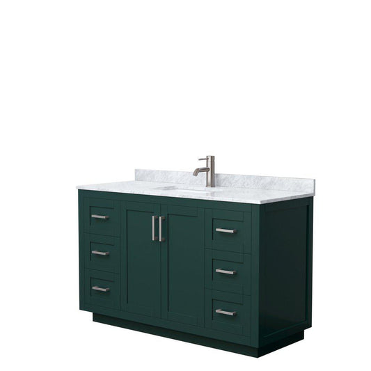Wyndham Collection Miranda 54" Single Bathroom Green Vanity Set With White Carrara Marble Countertop, Undermount Square Sink, And Brushed Nickel Trim