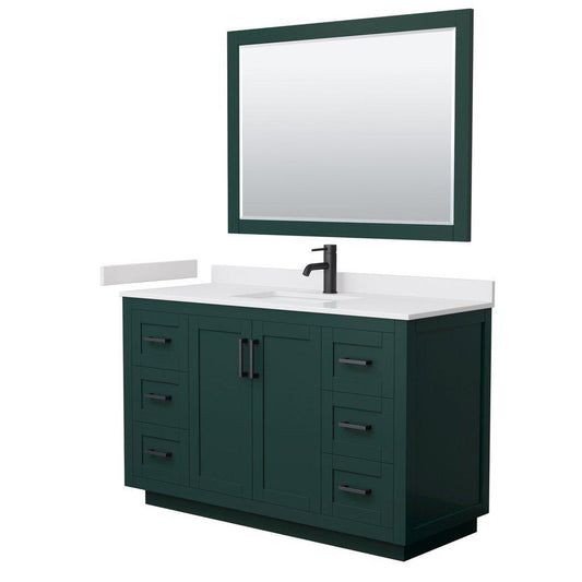 Wyndham Collection Miranda 54" Single Bathroom Green Vanity Set With White Cultured Marble Countertop, Undermount Square Sink, 46" Mirror And Matte Black Trim