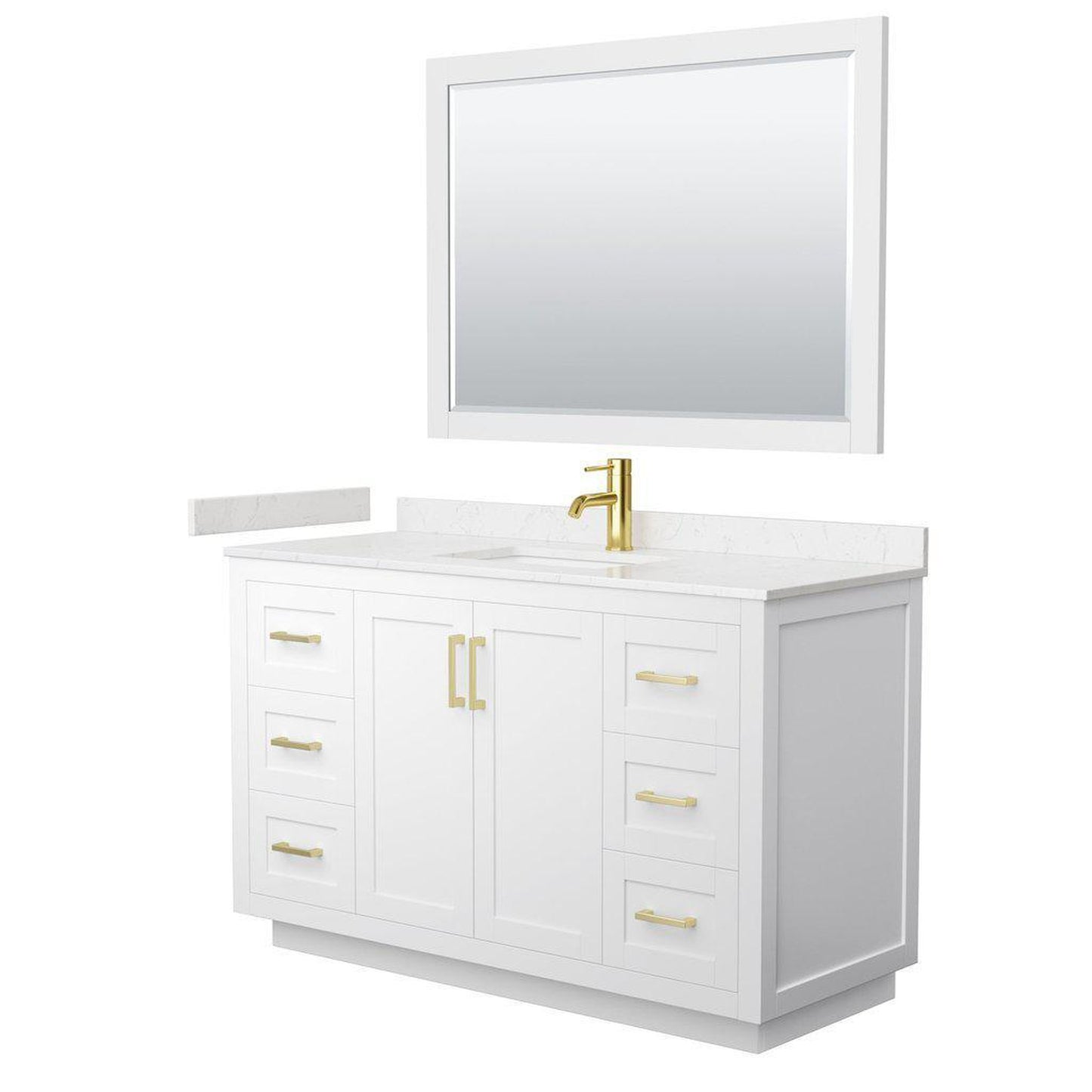Wyndham Collection Miranda 54" Single Bathroom White Vanity Set With Light-Vein Carrara Cultured Marble Countertop, Undermount Square Sink, 46" Mirror And Brushed Gold Trim