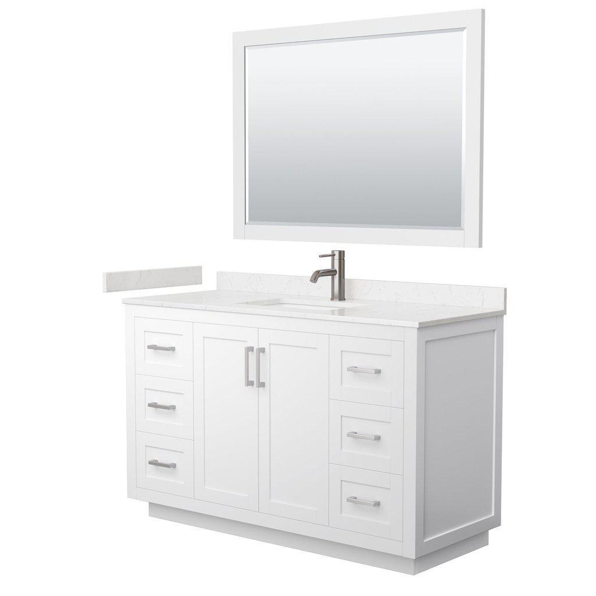 Wyndham Collection Miranda 54" Single Bathroom White Vanity Set With Light-Vein Carrara Cultured Marble Countertop, Undermount Square Sink, 46" Mirror And Brushed Nickel Trim