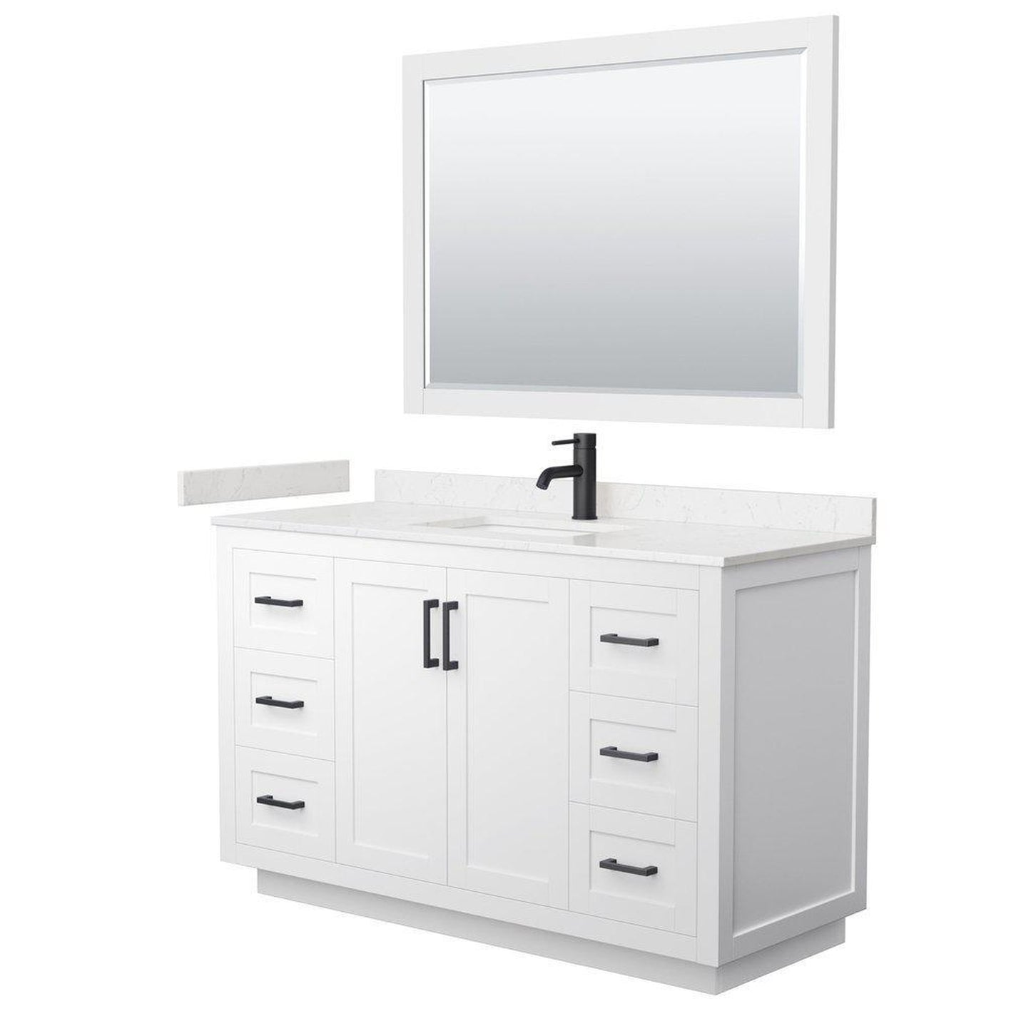 Wyndham Collection Miranda 54" Single Bathroom White Vanity Set With Light-Vein Carrara Cultured Marble Countertop, Undermount Square Sink, 46" Mirror And Matte Black Trim