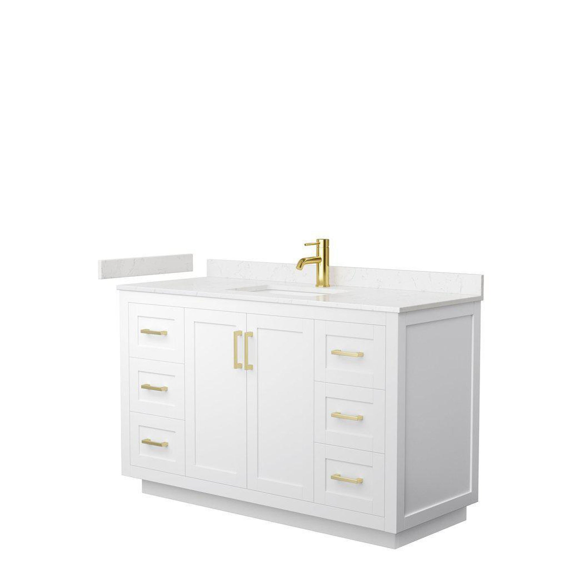 Wyndham Collection Miranda 54" Single Bathroom White Vanity Set With Light-Vein Carrara Cultured Marble Countertop, Undermount Square Sink, And Brushed Gold Trim