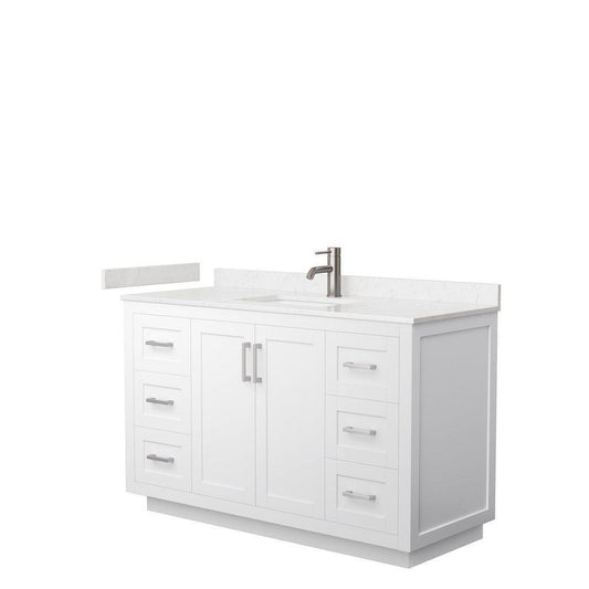 Wyndham Collection Miranda 54" Single Bathroom White Vanity Set With Light-Vein Carrara Cultured Marble Countertop, Undermount Square Sink, And Brushed Nickel Trim