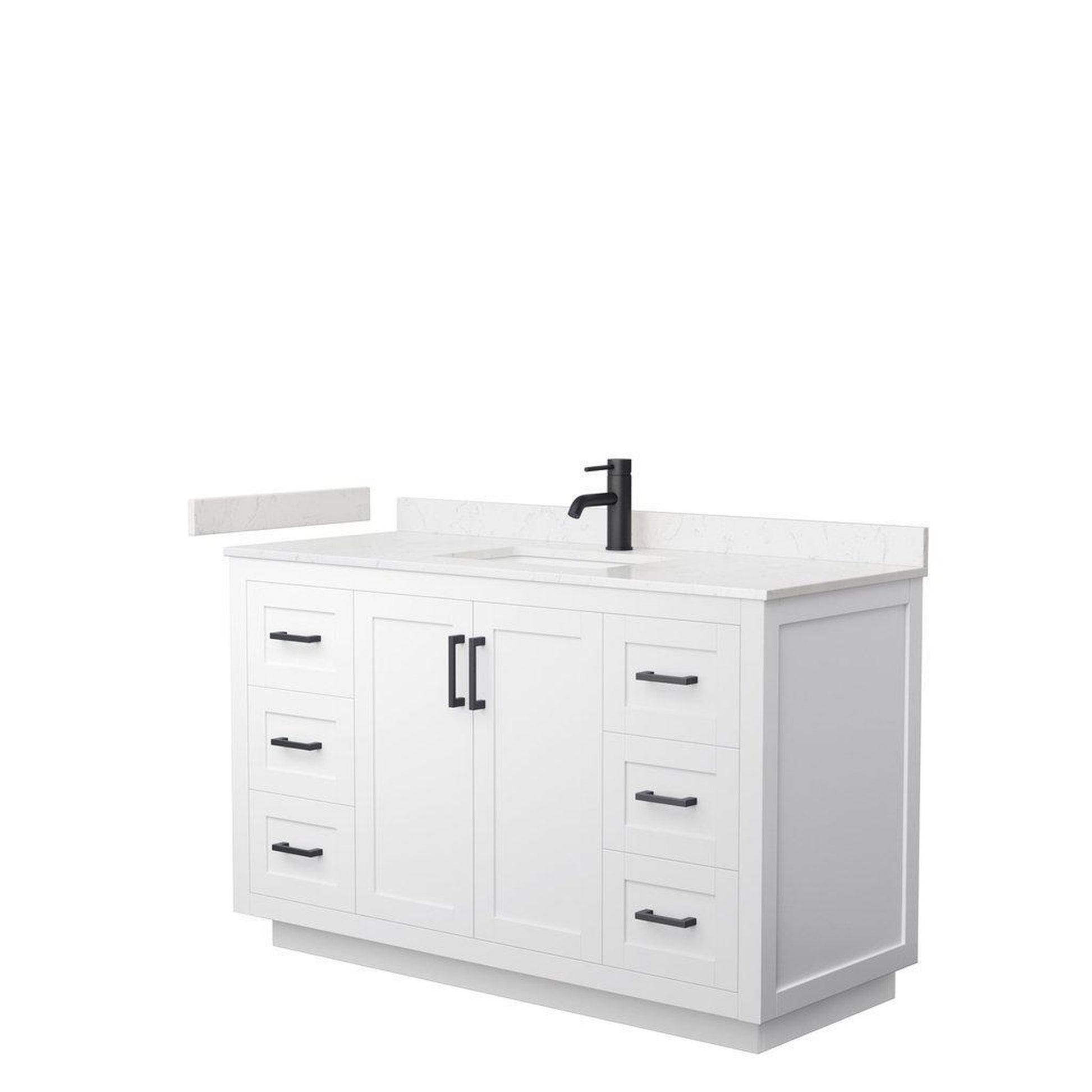 Wyndham Collection Miranda 54" Single Bathroom White Vanity Set With Light-Vein Carrara Cultured Marble Countertop, Undermount Square Sink, And Matte Black Trim