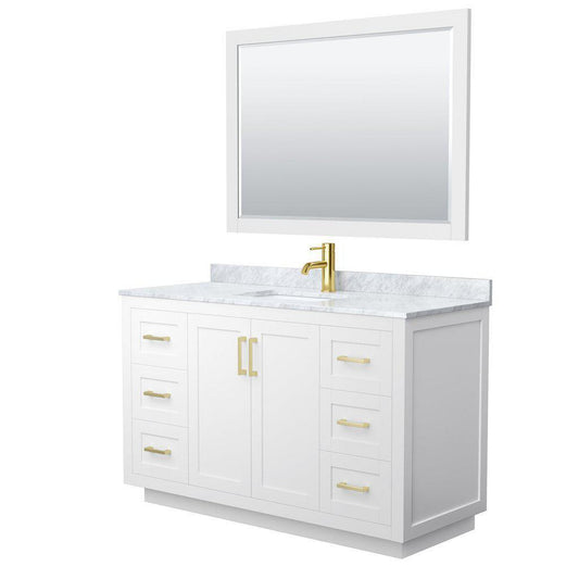 Wyndham Collection Miranda 54" Single Bathroom White Vanity Set With White Carrara Marble Countertop, Undermount Square Sink, 46" Mirror And Brushed Gold Trim