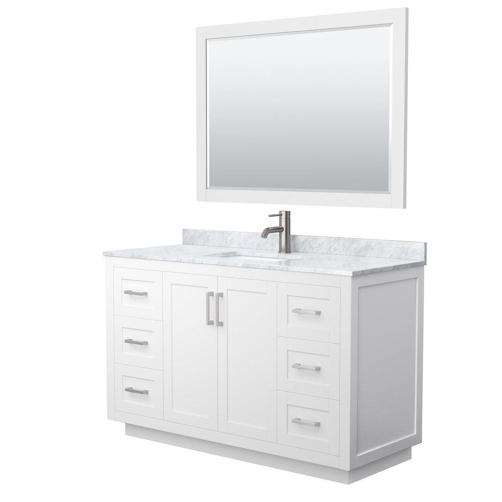 Wyndham Collection Miranda 54" Single Bathroom White Vanity Set With White Carrara Marble Countertop, Undermount Square Sink, 46" Mirror And Brushed Nickel Trim