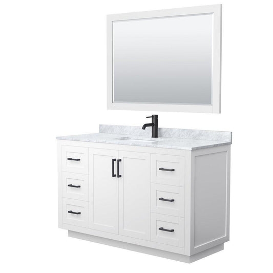 Wyndham Collection Miranda 54" Single Bathroom White Vanity Set With White Carrara Marble Countertop, Undermount Square Sink, 46" Mirror And Matte Black Trim