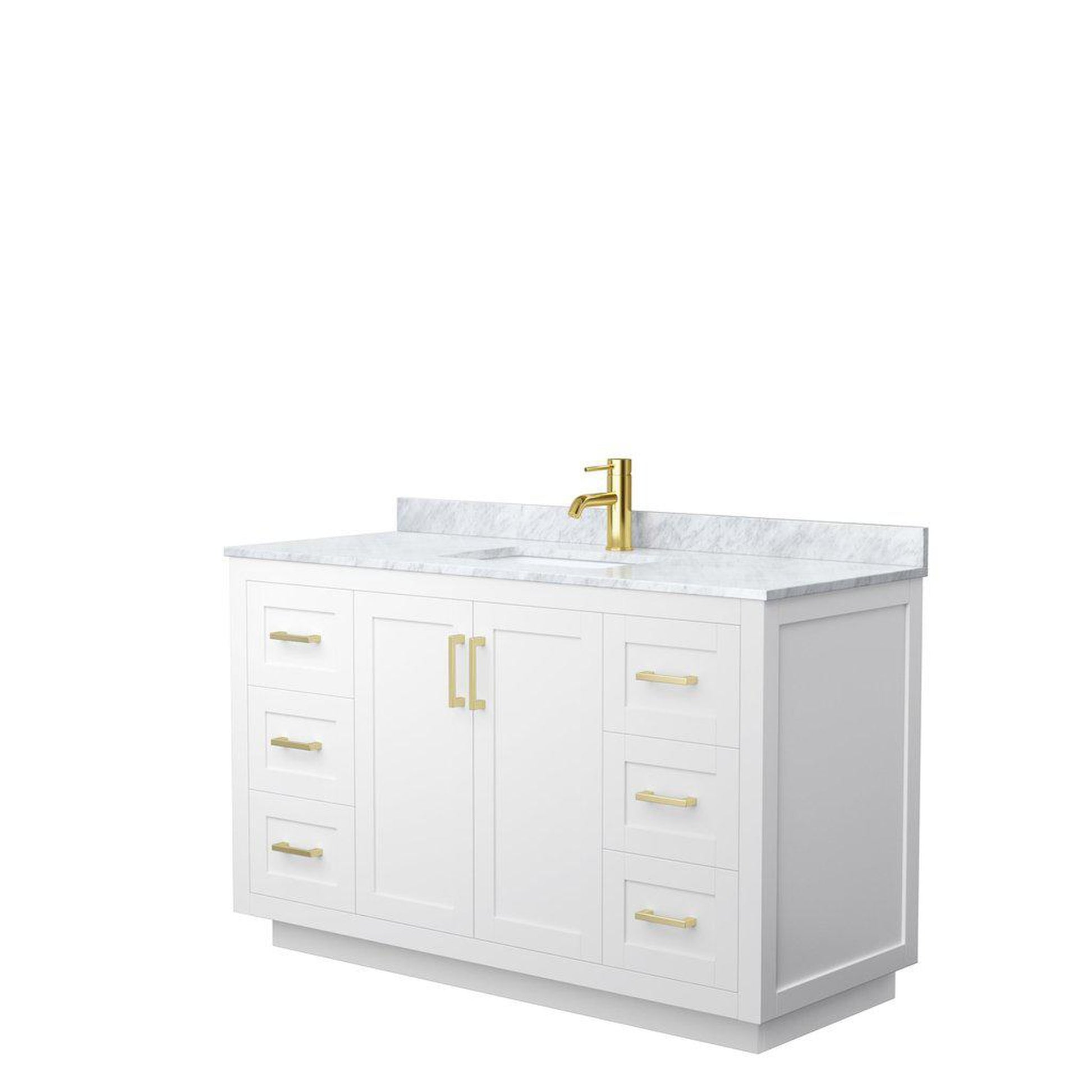 Wyndham Collection Miranda 54" Single Bathroom White Vanity Set With White Carrara Marble Countertop, Undermount Square Sink, And Brushed Gold Trim