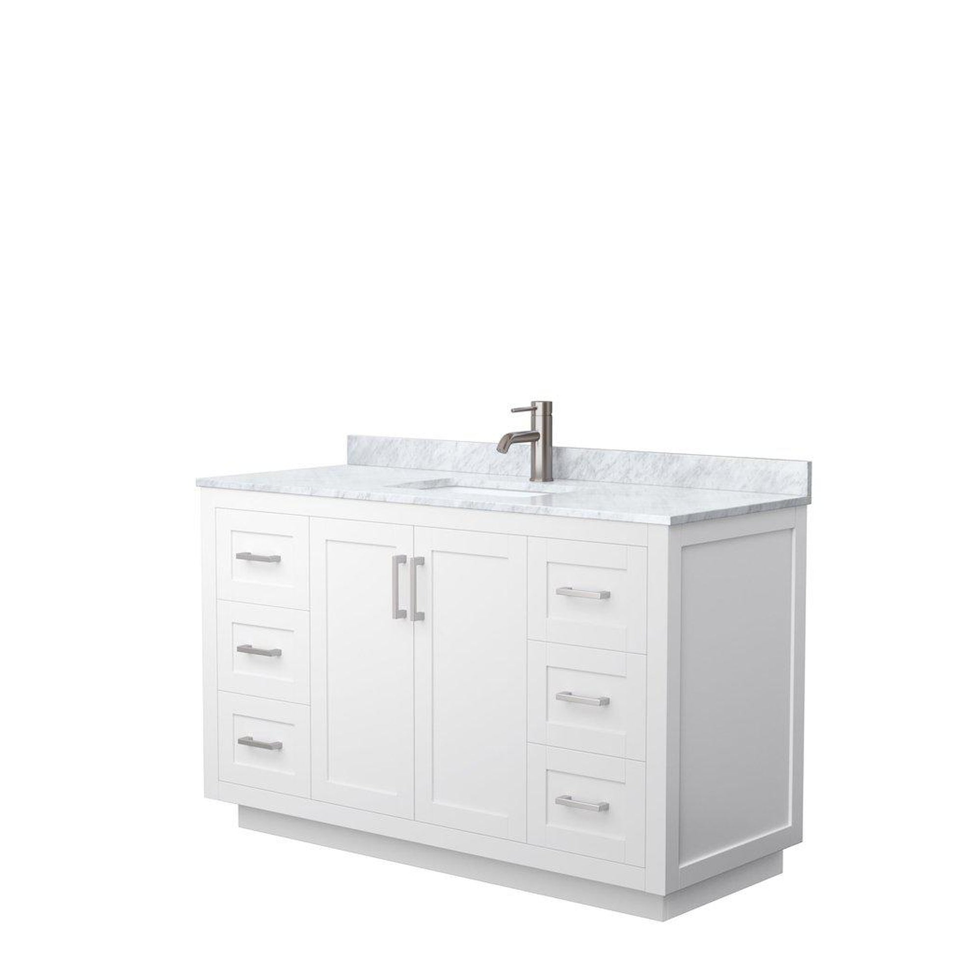 Wyndham Collection Miranda 54" Single Bathroom White Vanity Set With White Carrara Marble Countertop, Undermount Square Sink, And Brushed Nickel Trim