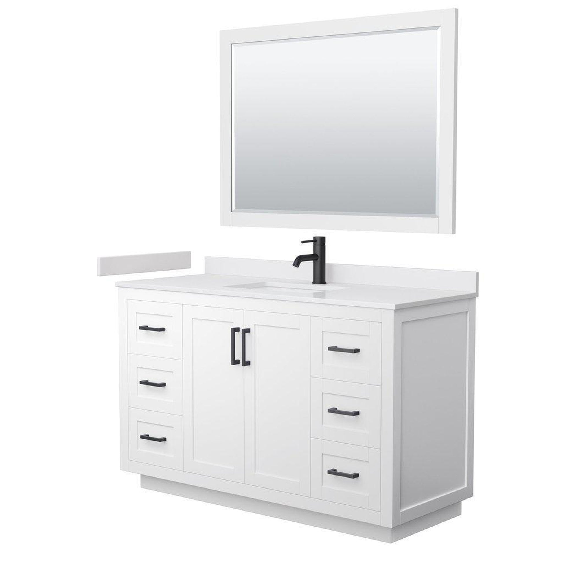 Wyndham Collection Miranda 54" Single Bathroom White Vanity Set With White Cultured Marble Countertop, Undermount Square Sink, 46" Mirror And Matte Black Trim
