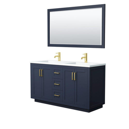 Wyndham Collection Miranda 60" Double Bathroom Dark Blue Vanity Set With 1.25" Thick Matte White Solid Surface Countertop, Integrated Sink, 58" Mirror And Brushed Gold Trim