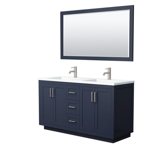 Wyndham Collection Miranda 60" Double Bathroom Dark Blue Vanity Set With 1.25" Thick Matte White Solid Surface Countertop, Integrated Sink, 58" Mirror And Brushed Nickel Trim