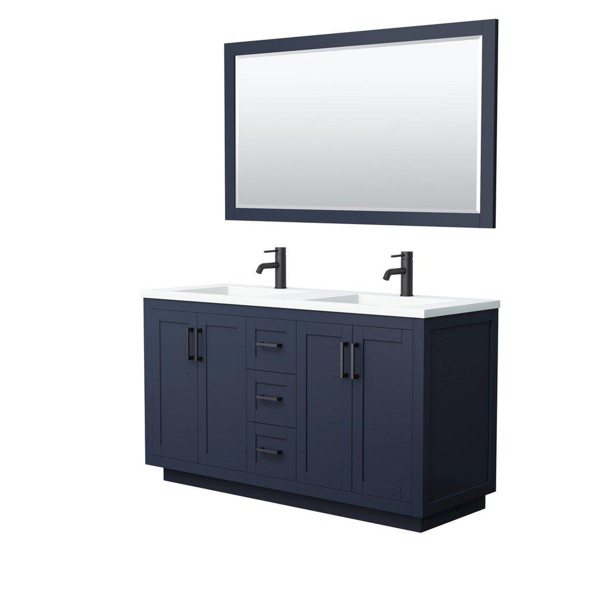 Wyndham Collection Miranda 60" Double Bathroom Dark Blue Vanity Set With 1.25" Thick Matte White Solid Surface Countertop, Integrated Sink, 58" Mirror And Matte Black Trim