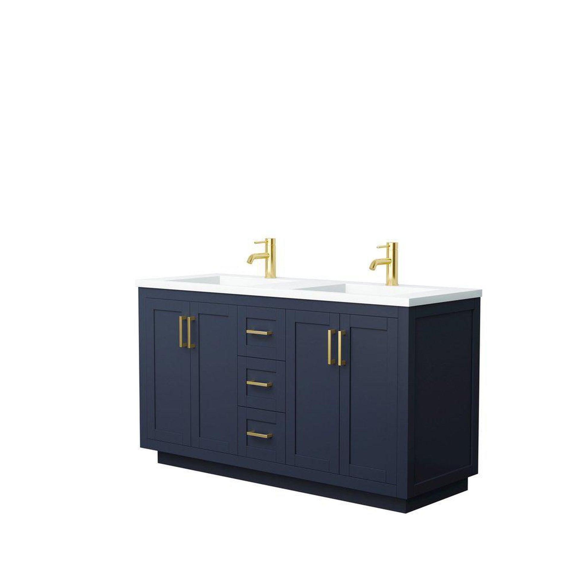 Wyndham Collection Miranda 60" Double Bathroom Dark Blue Vanity Set With 1.25" Thick Matte White Solid Surface Countertop, Integrated Sink, And Brushed Gold Trim