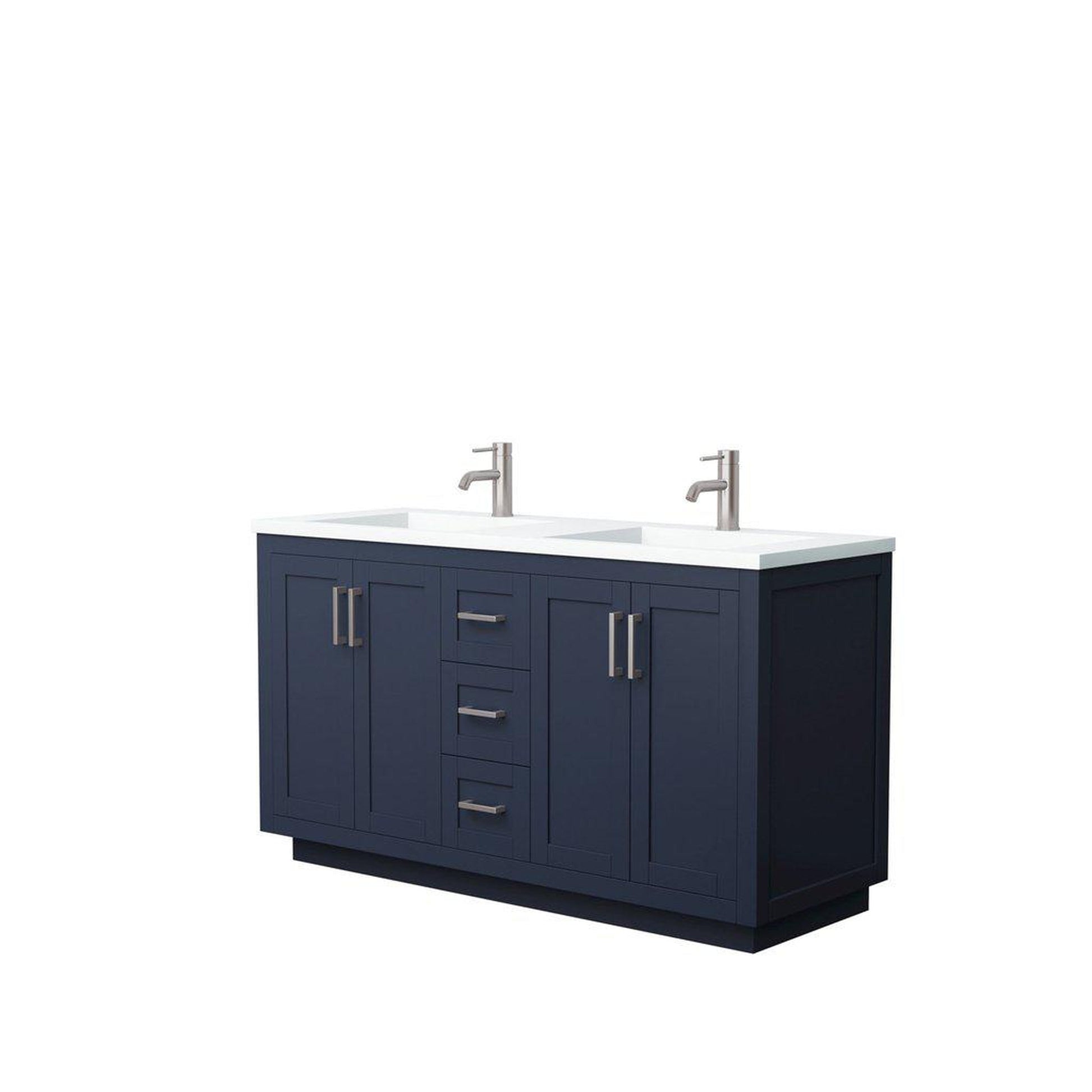 Wyndham Collection Miranda 60" Double Bathroom Dark Blue Vanity Set With 1.25" Thick Matte White Solid Surface Countertop, Integrated Sink, And Brushed Nickel Trim