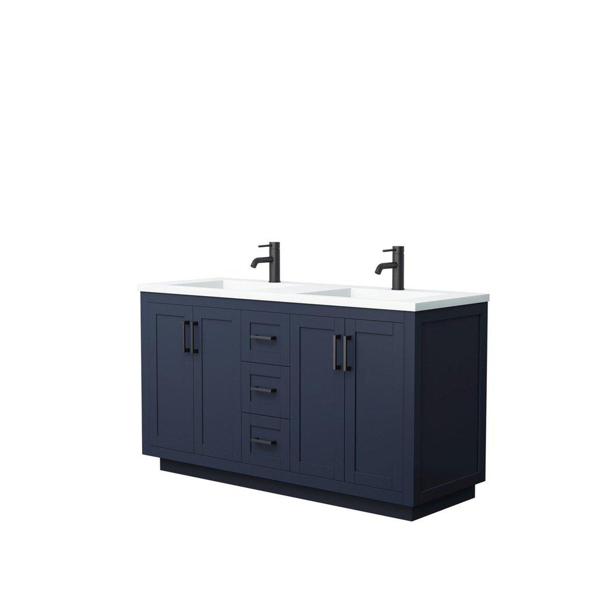 Wyndham Collection Miranda 60" Double Bathroom Dark Blue Vanity Set With 1.25" Thick Matte White Solid Surface Countertop, Integrated Sink, And Matte Black Trim