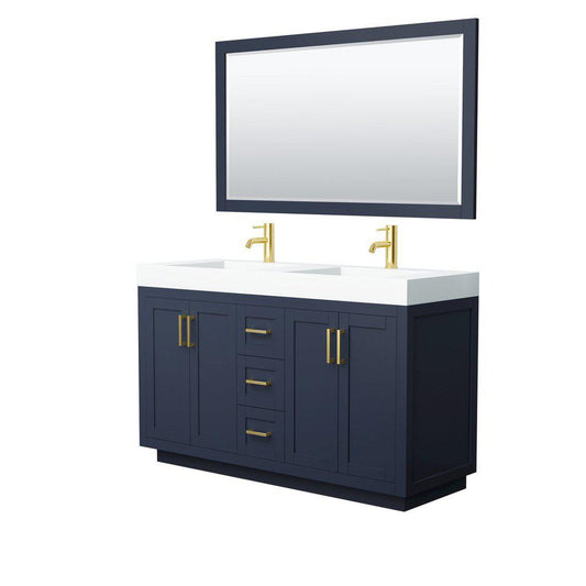 Wyndham Collection Miranda 60" Double Bathroom Dark Blue Vanity Set With 4" Thick Matte White Solid Surface Countertop, Integrated Sink, 58" Mirror And Brushed Gold Trim