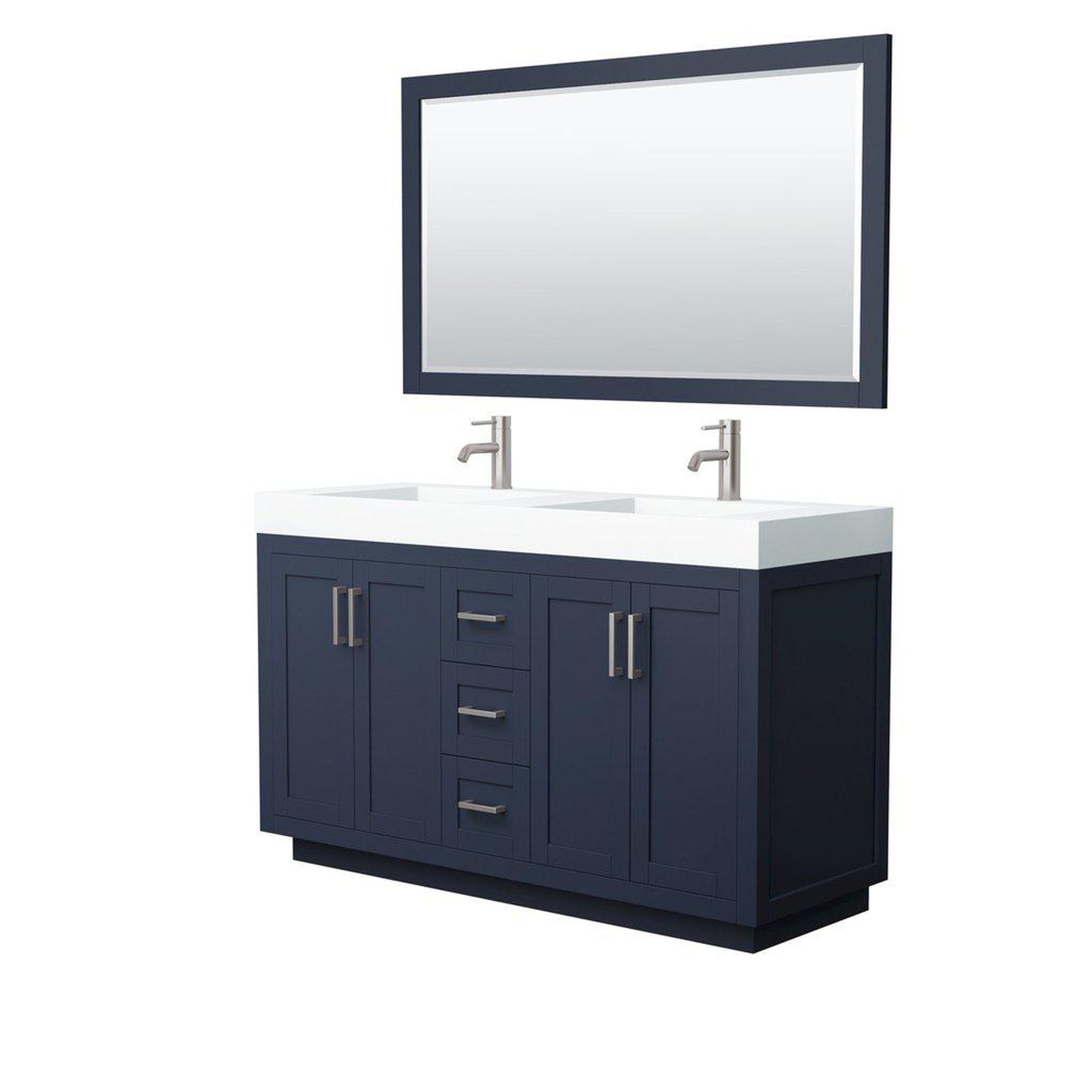 Wyndham Collection Miranda 60" Double Bathroom Dark Blue Vanity Set With 4" Thick Matte White Solid Surface Countertop, Integrated Sink, 58" Mirror And Brushed Nickel Trim
