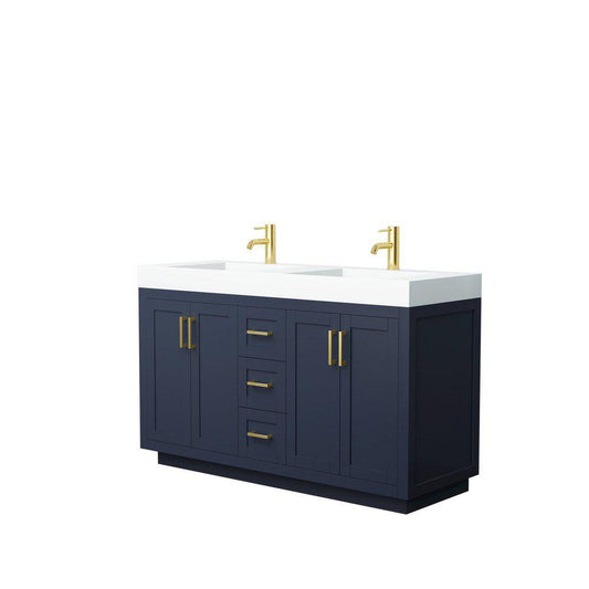 Wyndham Collection Miranda 60" Double Bathroom Dark Blue Vanity Set With 4" Thick Matte White Solid Surface Countertop, Integrated Sink, And Brushed Gold Trim