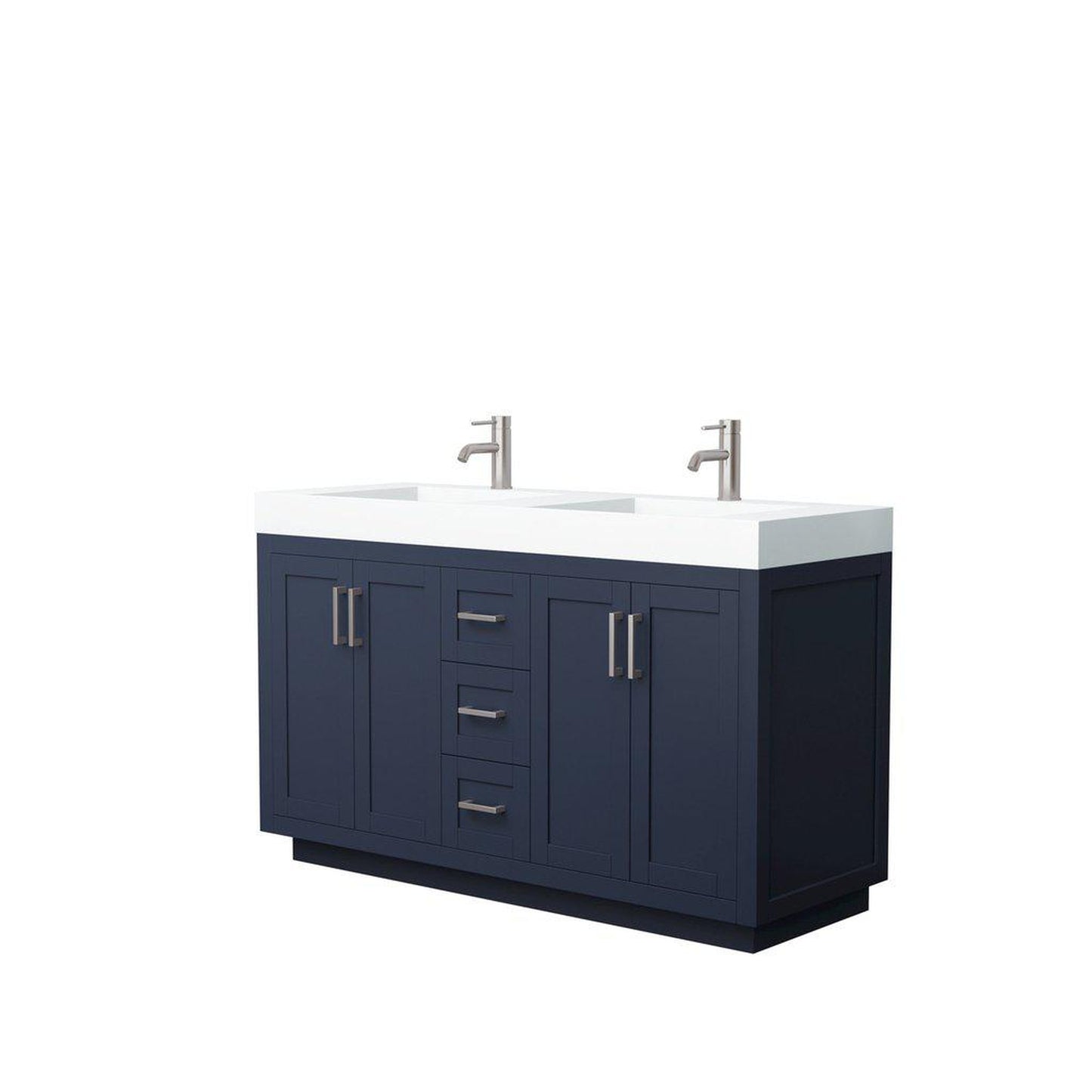 Wyndham Collection Miranda 60" Double Bathroom Dark Blue Vanity Set With 4" Thick Matte White Solid Surface Countertop, Integrated Sink, And Brushed Nickel Trim