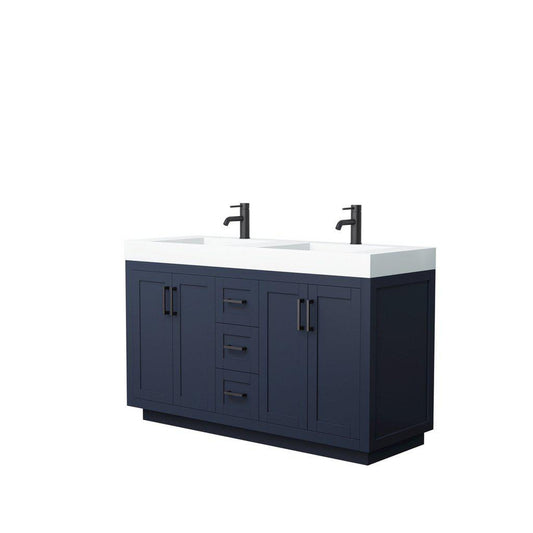 Wyndham Collection Miranda 60" Double Bathroom Dark Blue Vanity Set With 4" Thick Matte White Solid Surface Countertop, Integrated Sink, And Matte Black Trim