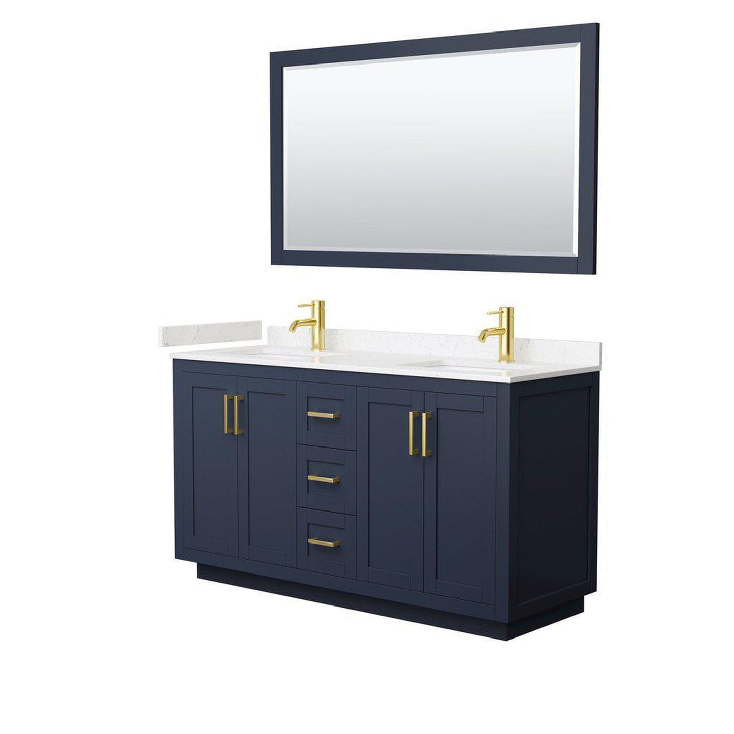 Wyndham Collection Miranda 60" Double Bathroom Dark Blue Vanity Set With Light-Vein Carrara Cultured Marble Countertop, Undermount Square Sink, 58" Mirror And Brushed Gold Trim