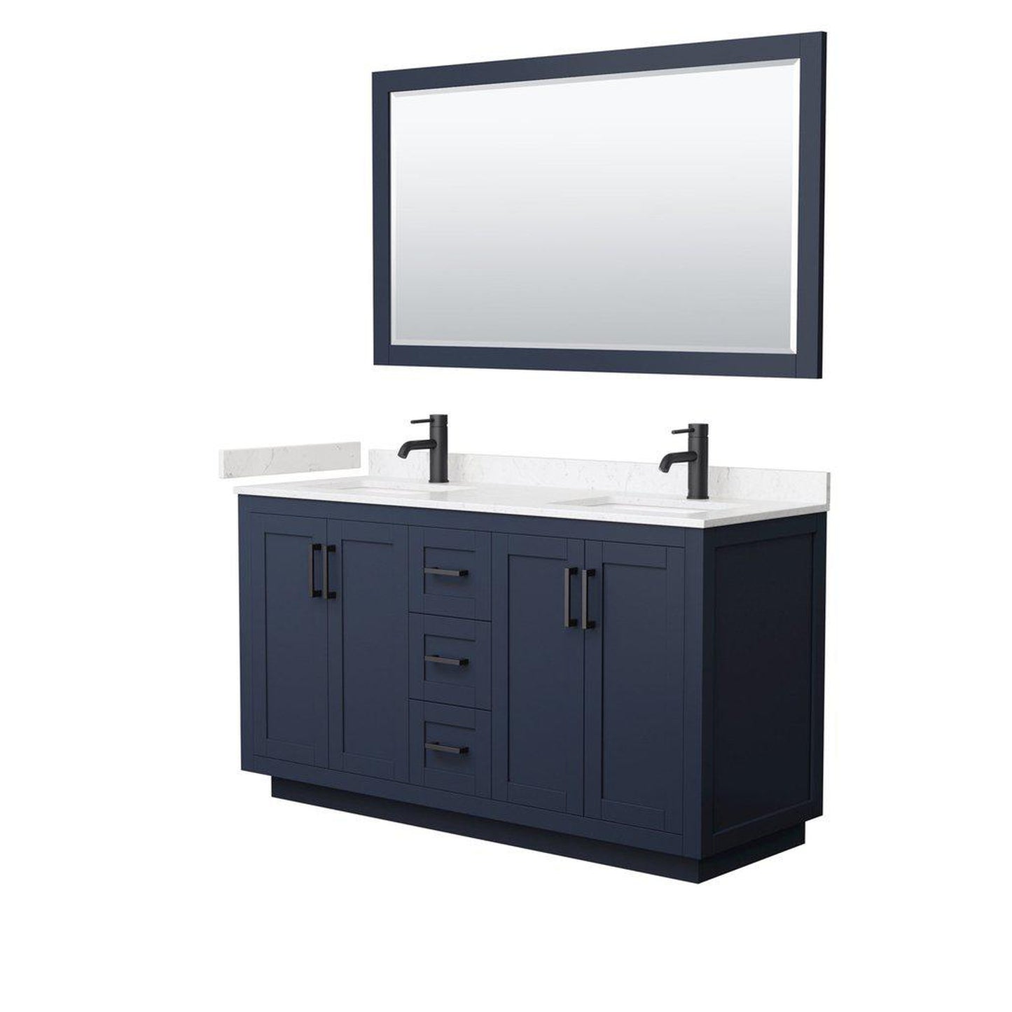 Wyndham Collection Miranda 60" Double Bathroom Dark Blue Vanity Set With Light-Vein Carrara Cultured Marble Countertop, Undermount Square Sink, 58" Mirror And Matte Black Trim