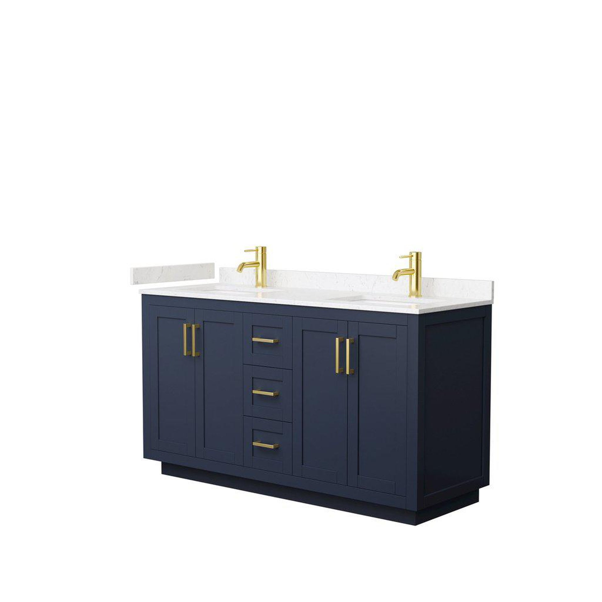 Wyndham Collection Miranda 60" Double Bathroom Dark Blue Vanity Set With Light-Vein Carrara Cultured Marble Countertop, Undermount Square Sink, And Brushed Gold Trim