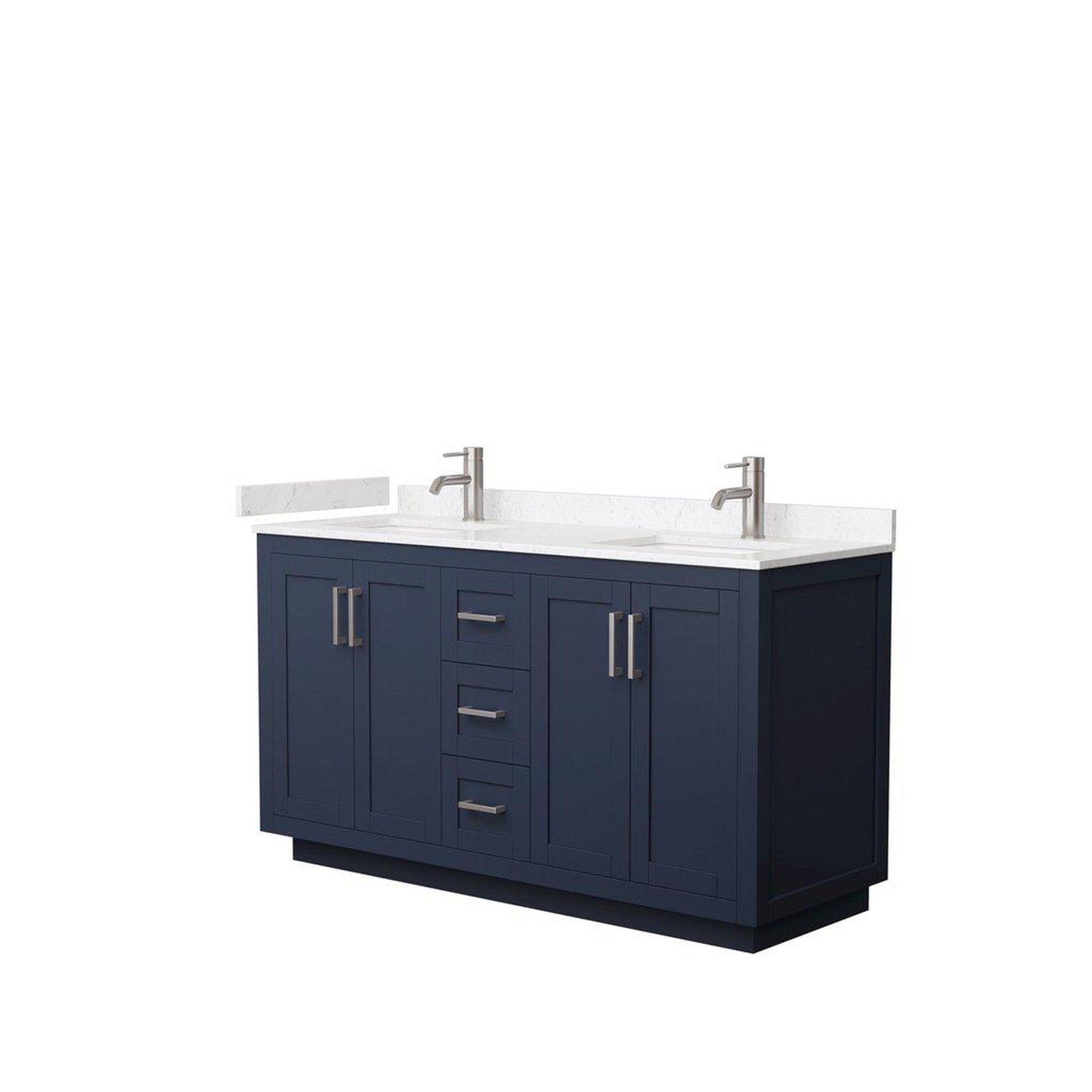 Wyndham Collection Miranda 60" Double Bathroom Dark Blue Vanity Set With Light-Vein Carrara Cultured Marble Countertop, Undermount Square Sink, And Brushed Nickel Trim
