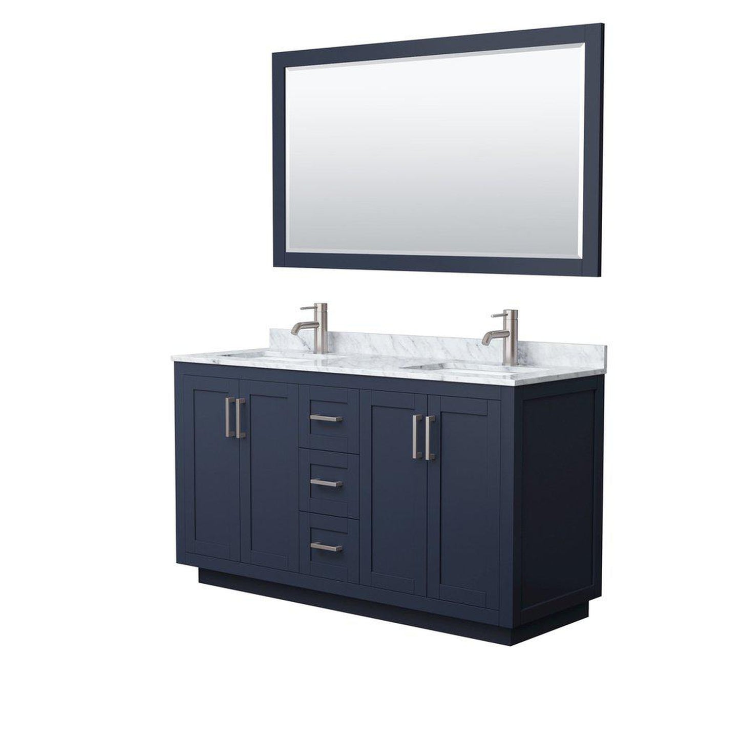 Wyndham Collection Miranda 60" Double Bathroom Dark Blue Vanity Set With White Carrara Marble Countertop, Undermount Square Sink, 58" Mirror And Brushed Nickel Trim