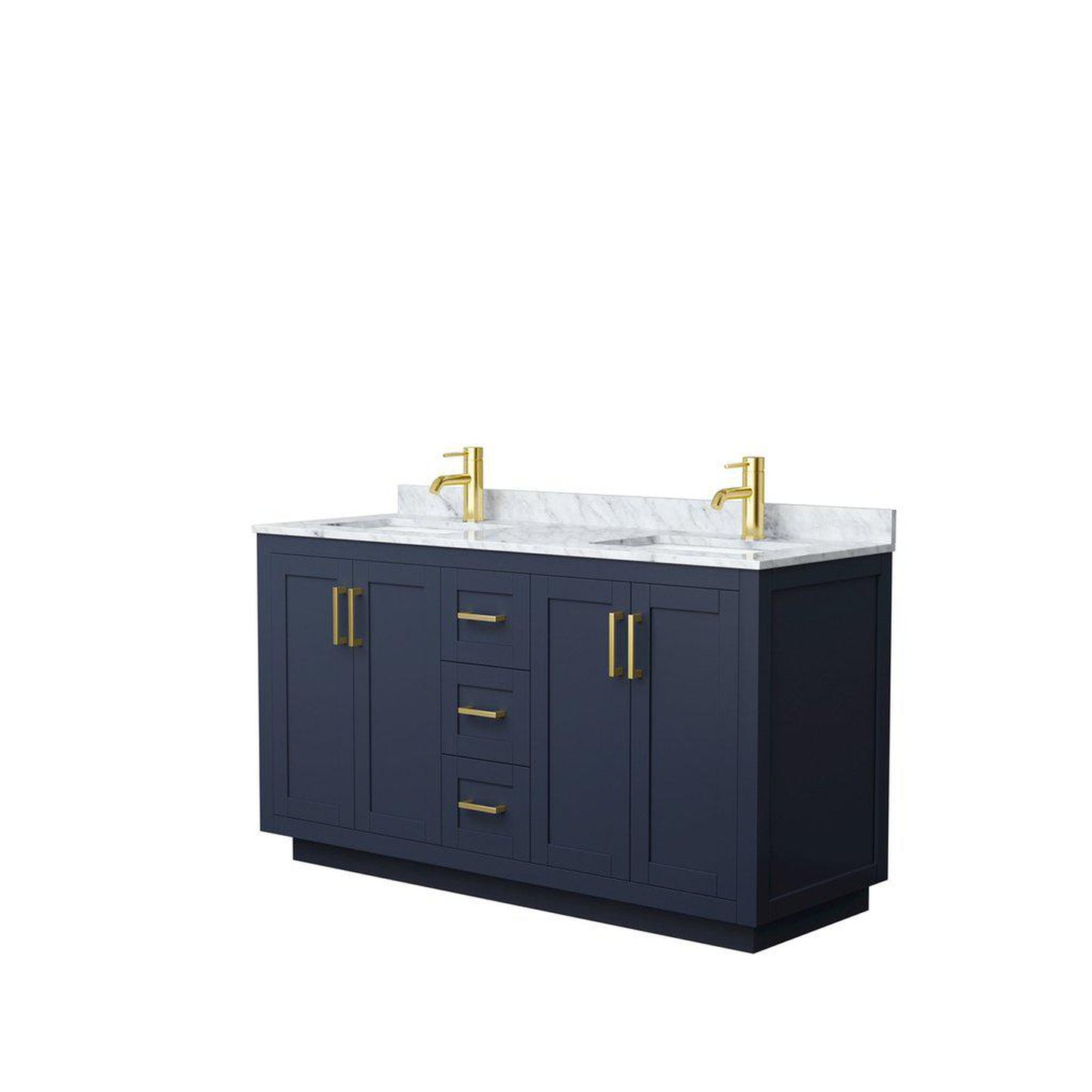 Wyndham Collection Miranda 60" Double Bathroom Dark Blue Vanity Set With White Carrara Marble Countertop, Undermount Square Sink, And Brushed Gold Trim