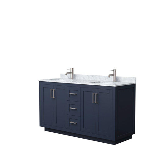 Wyndham Collection Miranda 60" Double Bathroom Dark Blue Vanity Set With White Carrara Marble Countertop, Undermount Square Sink, And Brushed Nickel Trim
