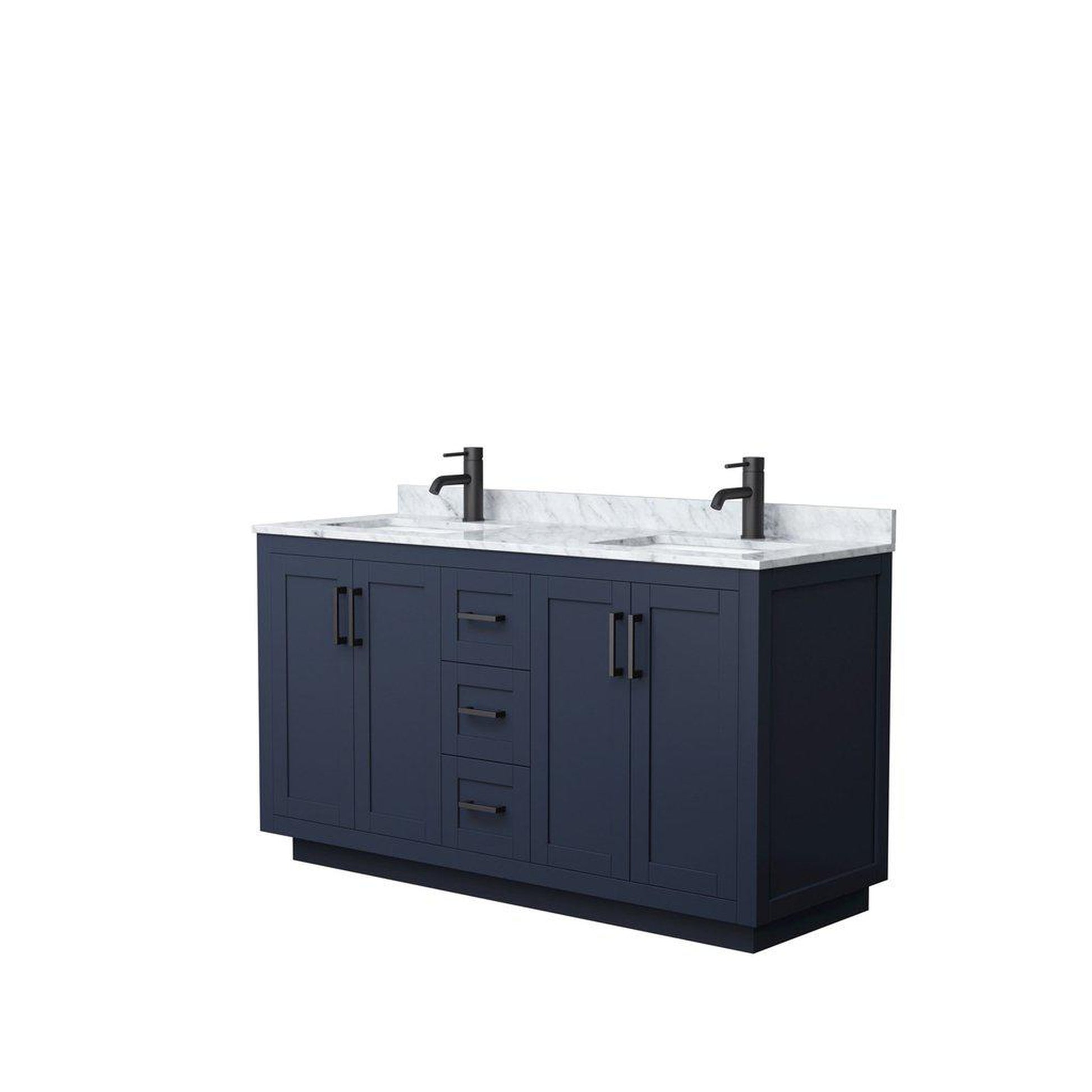 Wyndham Collection Miranda 60" Double Bathroom Dark Blue Vanity Set With White Carrara Marble Countertop, Undermount Square Sink, And Matte Black Trim