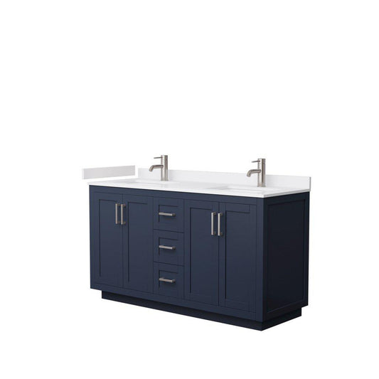 Wyndham Collection Miranda 60" Double Bathroom Dark Blue Vanity Set With White Cultured Marble Countertop, Undermount Square Sink, And Brushed Nickel Trim