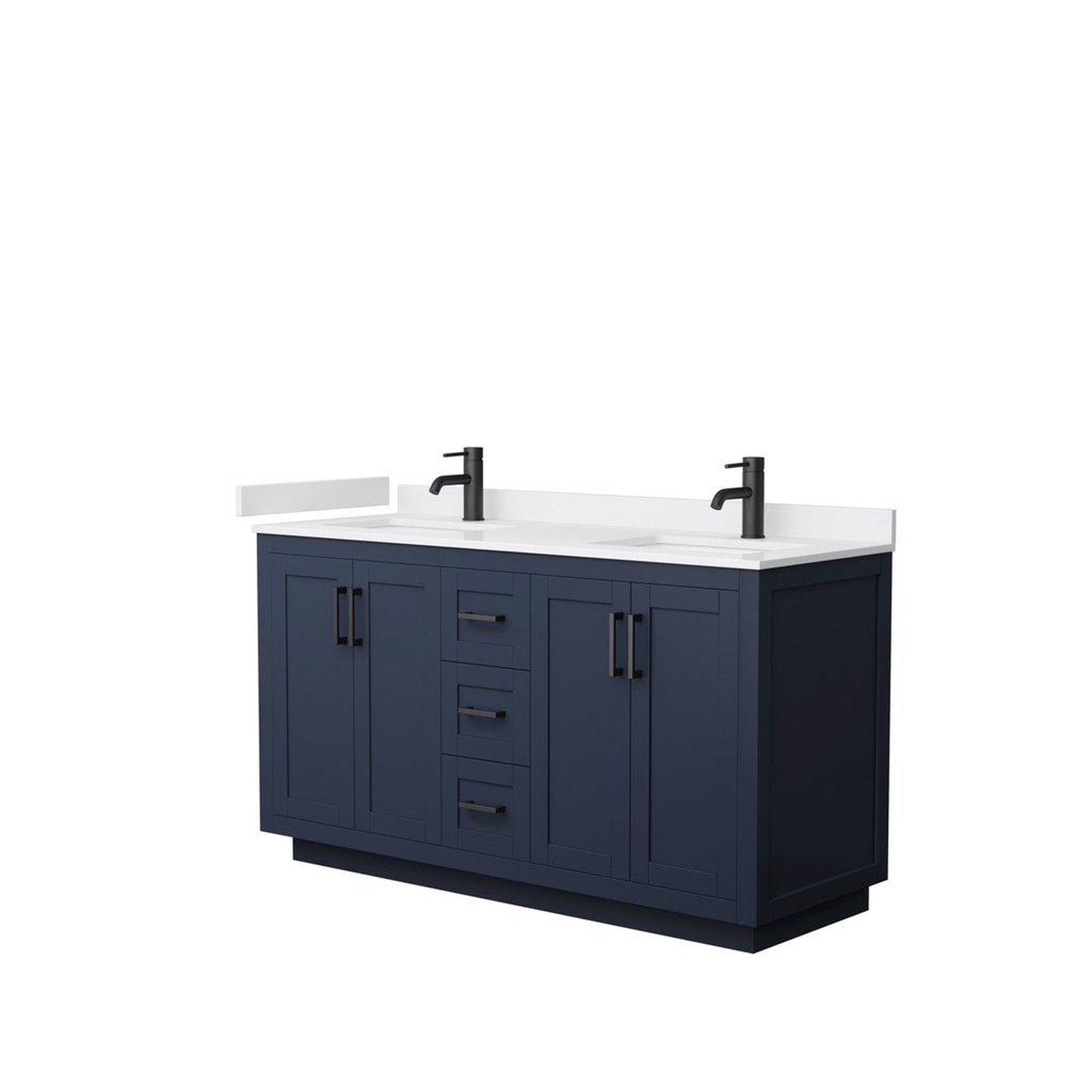 Wyndham Collection Miranda 60" Double Bathroom Dark Blue Vanity Set With White Cultured Marble Countertop, Undermount Square Sink, And Matte Black Trim