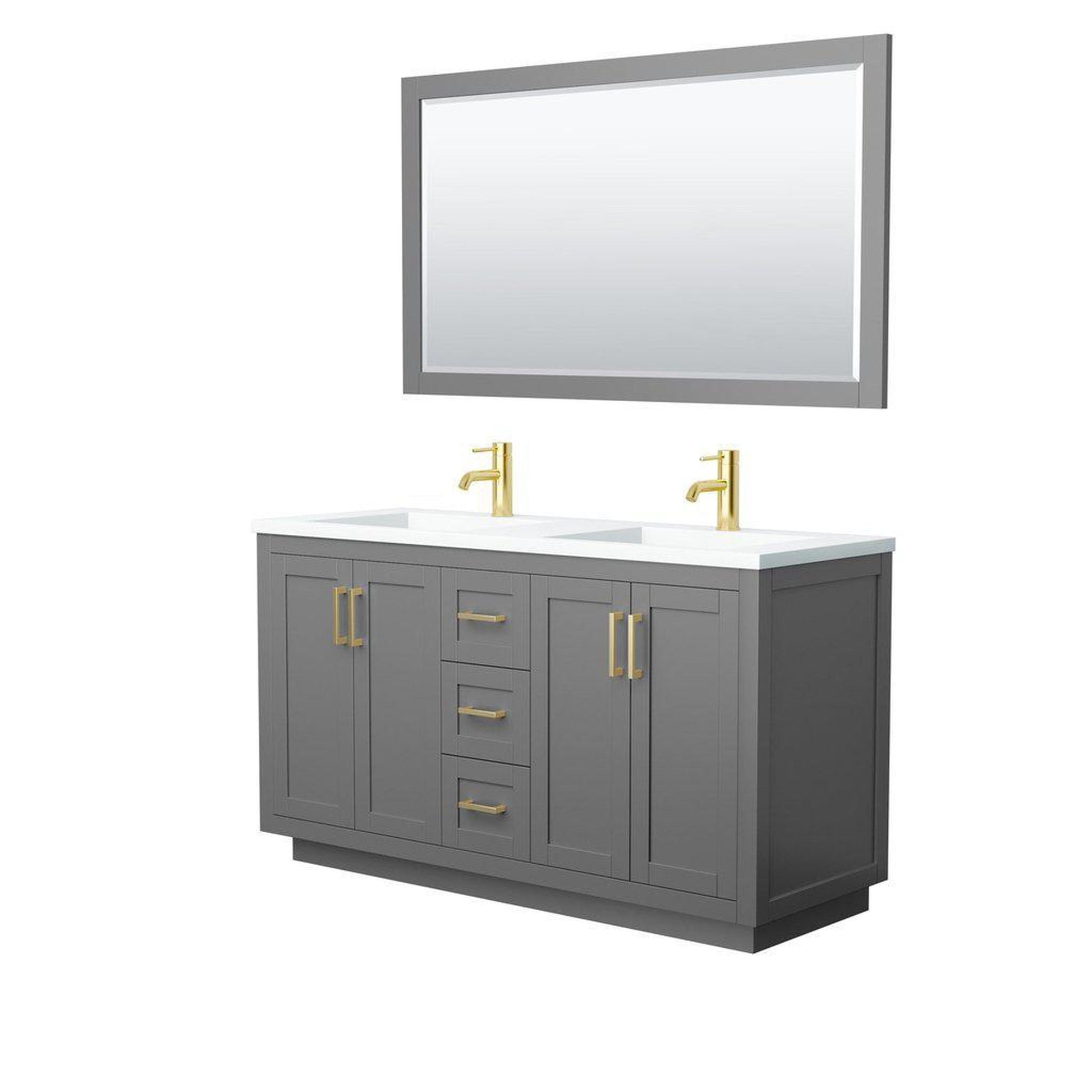 Wyndham Collection Miranda 60" Double Bathroom Dark Gray Vanity Set With 1.25" Thick Matte White Solid Surface Countertop, Integrated Sink, 58" Mirror And Brushed Gold Trim