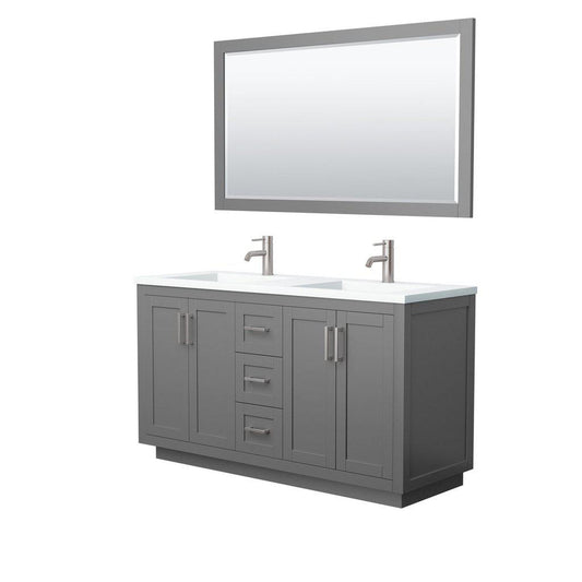 Wyndham Collection Miranda 60" Double Bathroom Dark Gray Vanity Set With 1.25" Thick Matte White Solid Surface Countertop, Integrated Sink, 58" Mirror And Brushed Nickel Trim
