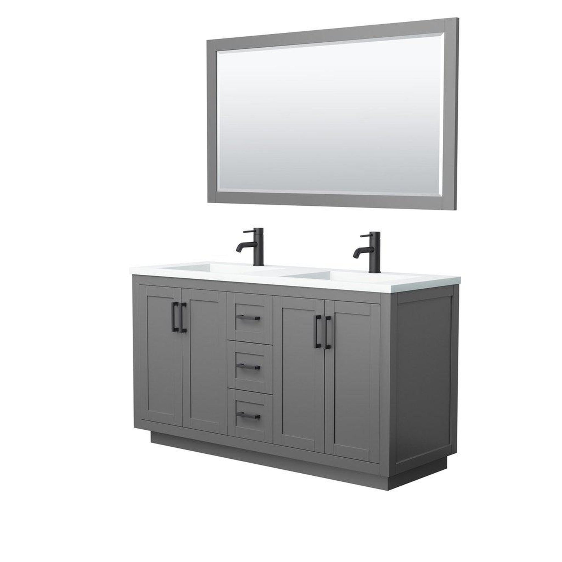 Wyndham Collection Miranda 60" Double Bathroom Dark Gray Vanity Set With 1.25" Thick Matte White Solid Surface Countertop, Integrated Sink, 58" Mirror And Matte Black Trim